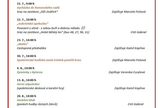 Program v Charitním středisku Gabriel - 7-8/2025
